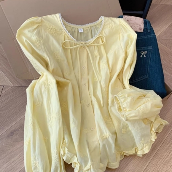 None Tops - Yellow Embroidered Ruffle Blouse